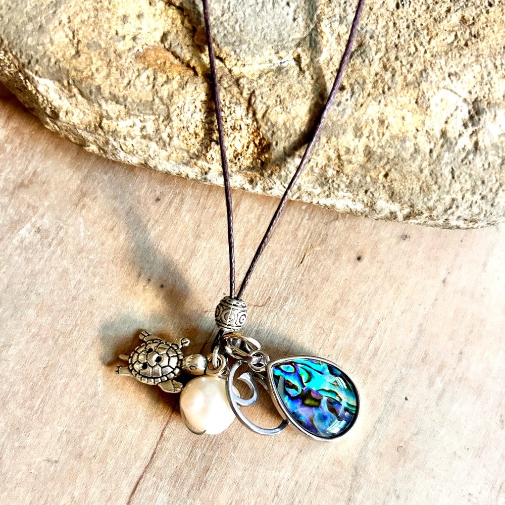 Sterling Silver Abalone Pendant Necklace with Fresh Water Pearl and Charms